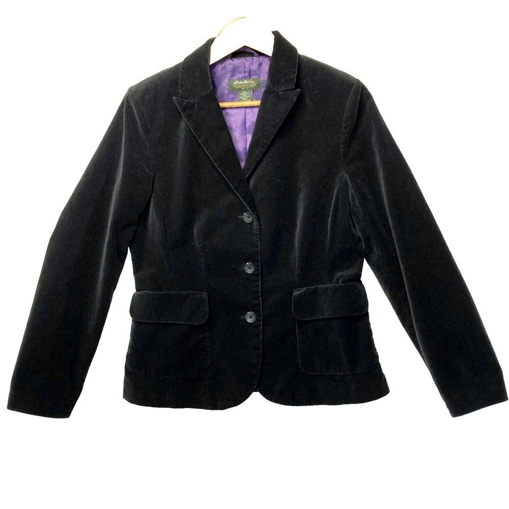 Vtg Eddie Bauer Black Velvet Blazer Jacket Womens 8 M Cotton Purple Satin Lined